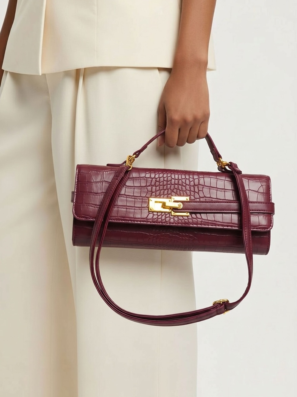 Structured Top-Handle Croc-Embossed Bag in Burgundy - Picture 4 of 6